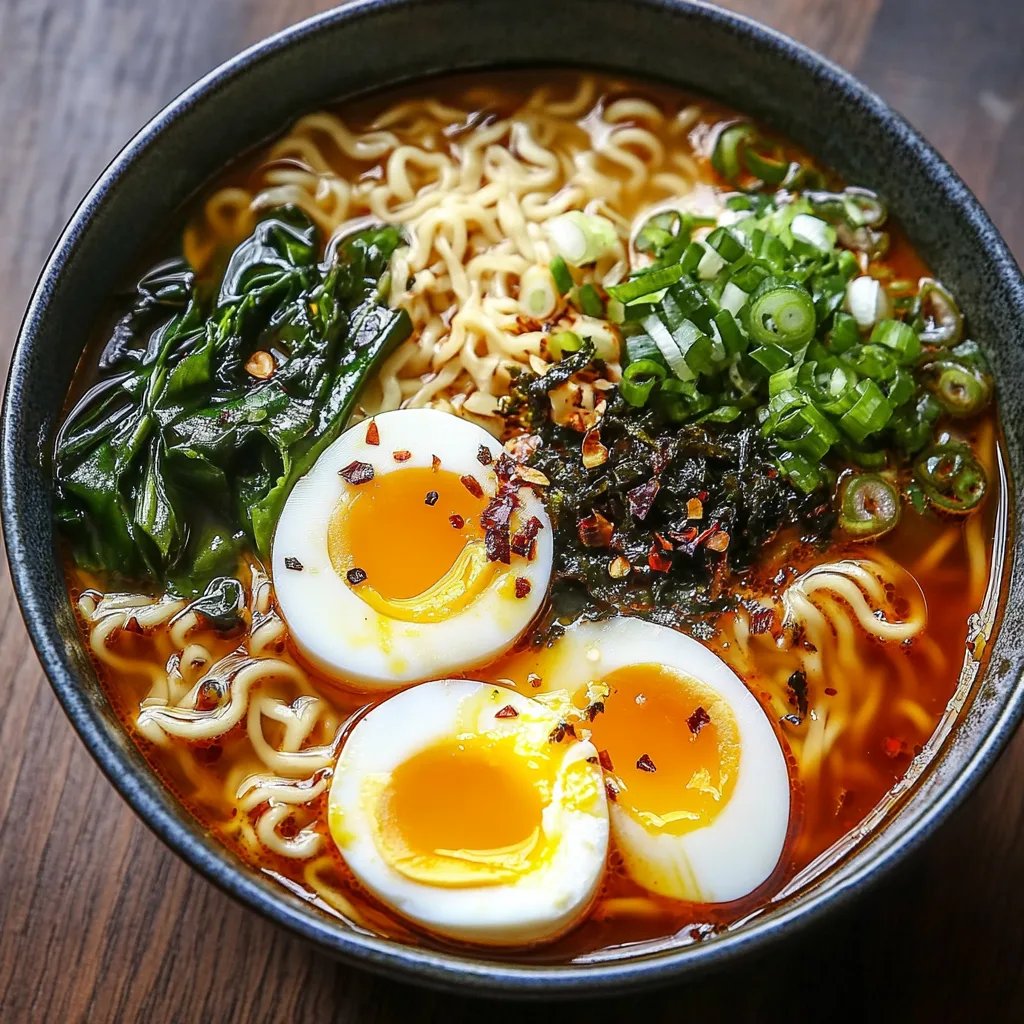 Savory Dumpling Ramen Bowl with Soft-Boiled Eggs and Fresh Greens